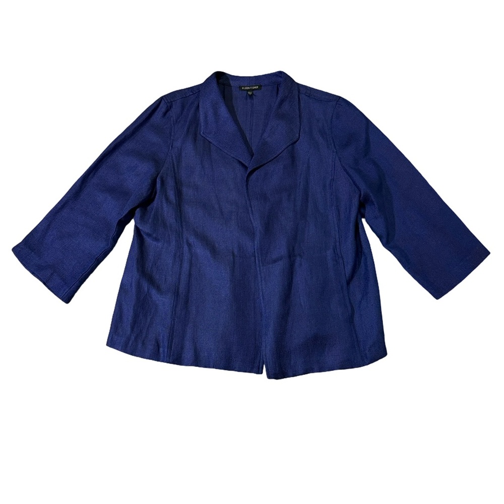 Eileen Fisher womens M Medium blue solid open front linen viscose blazer EUC